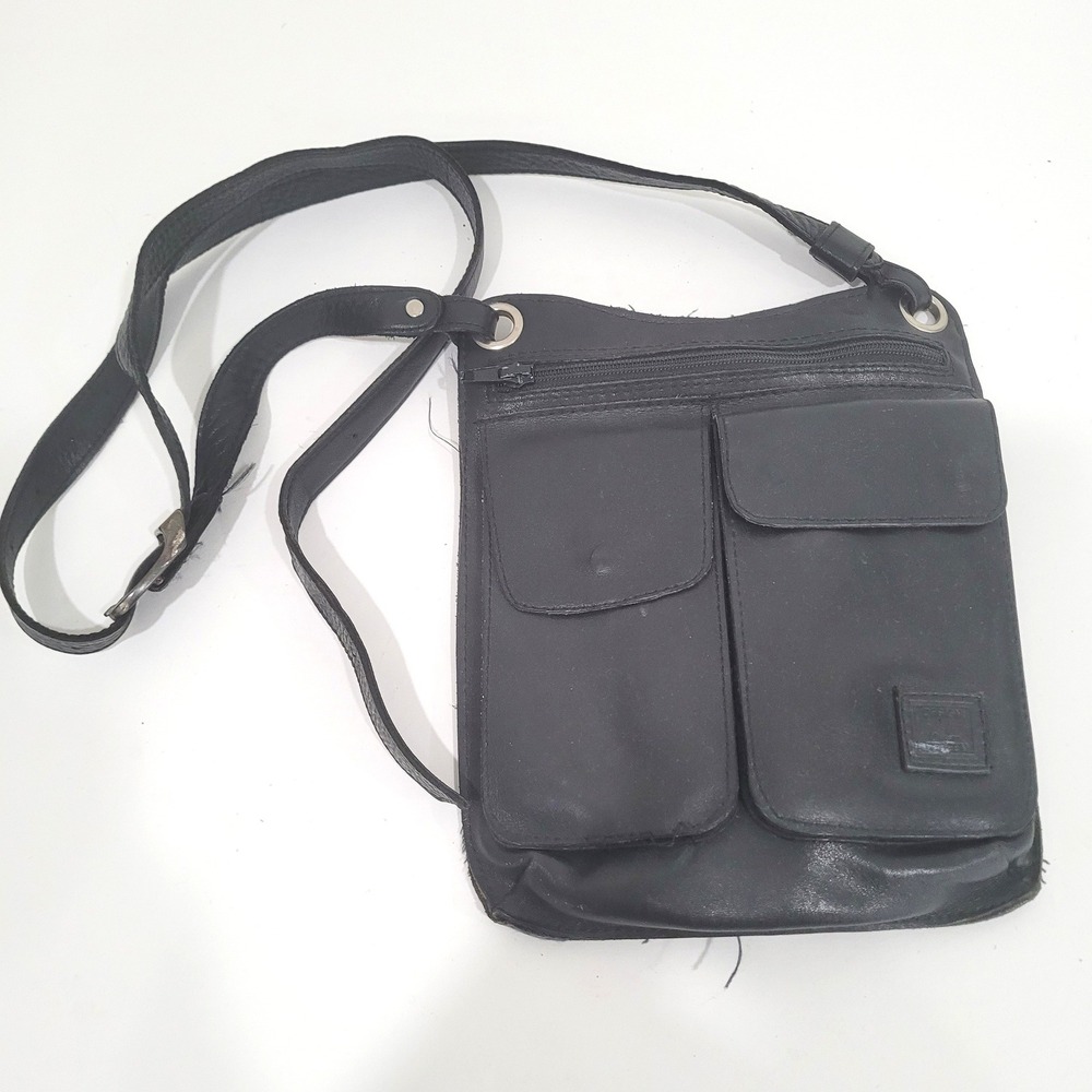 Design AL Bergen Black Leather Crossbody Bag Multi Pocket Travel Purse